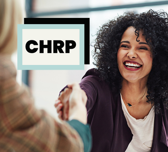 CHRP logo over image of woman smiling and reaching over in a handshake