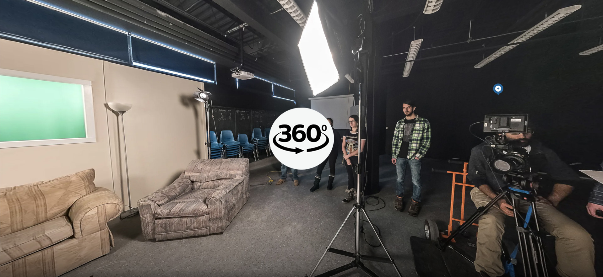 360 degree virtual tour icon over photo of Digital Film Studio
