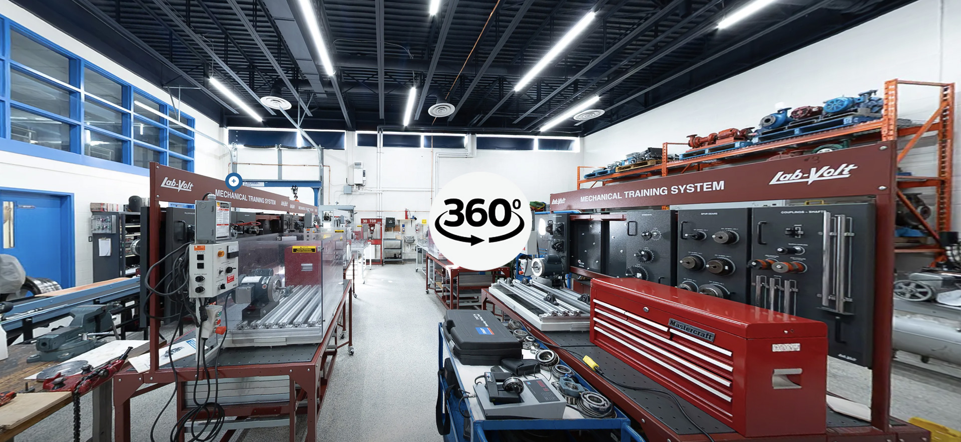 360 degree virtual tour icon over photo of Mechanical Lab