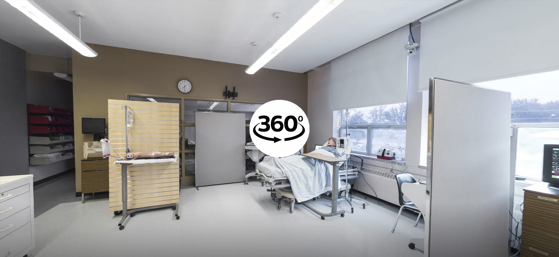 360 degree virtual tour icon over photo of nursing sim lab