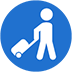 blue circle icon with person pulling a rolling luggage from behind