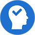 blue circle icon with white head profile with blue checkmark inside the head