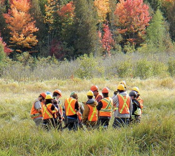 A class in Natural Environment Technician - Conservation and Management gather in a field in nature to conduct a class. 
