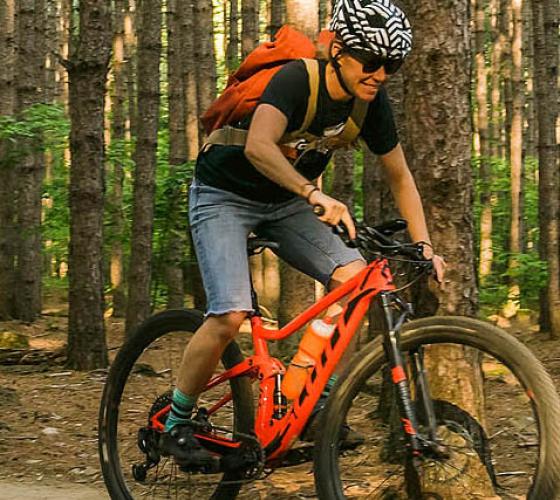 Mountain biker going through a wooded trail