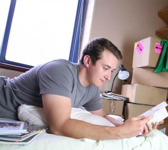 Boy looking at book laying on bed