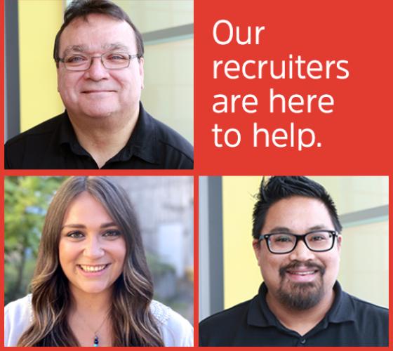 text on an orange-red background that says Our recruiters are here to help in one quarter of the square and headshots of our three recruiters in the other quarters