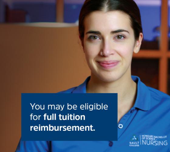 nursing student smiling looking at camera wearing uniform with overlay text You may be eligible for full tuition reimbursement.