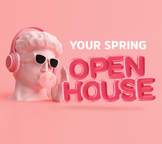 pink background with mannequin head wearing headphones and sunglasses blowing a bubble with pink gum and text beside saying Your Spring Open House