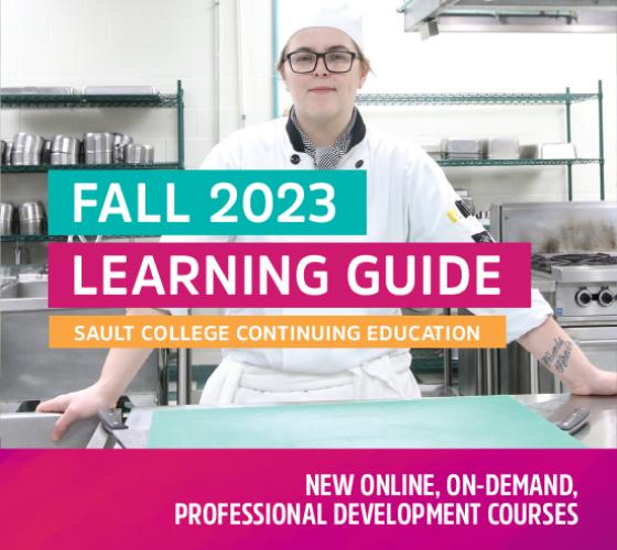 Culinary student in kitchen looking at camera with fall 2023 learning guide text overlay