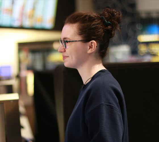 Alison graduate of Digital Film Program at the checkout at Galaxy Cinemas