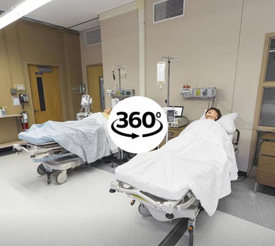 360 degree virtual tour icon overtop of nursing simulation lab