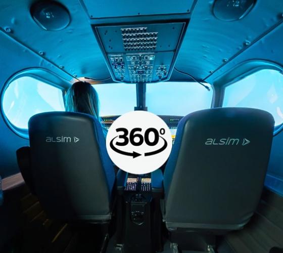 360 degree virtual tour icon overtop of aviation flight simulator