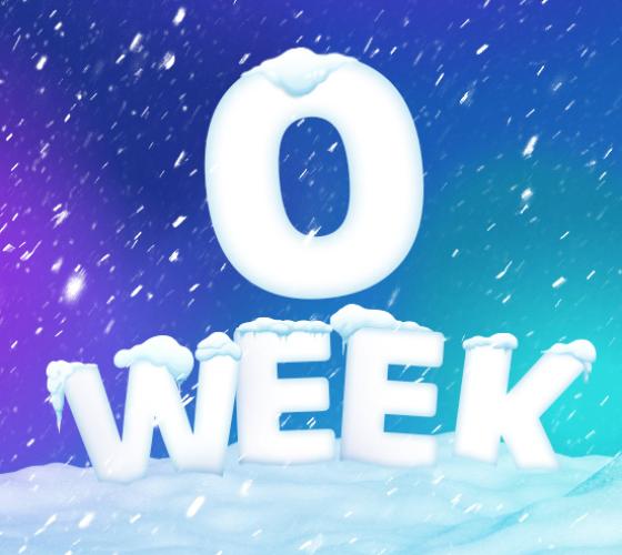 O-Week with snow draped over letters over blue snowy background