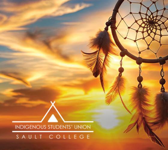 Indigenous Students' Union logo over a sunset sky background with dreamcatcher