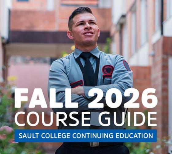Security guard in uniform with arms crossed and fall 2026 course guide text overlay