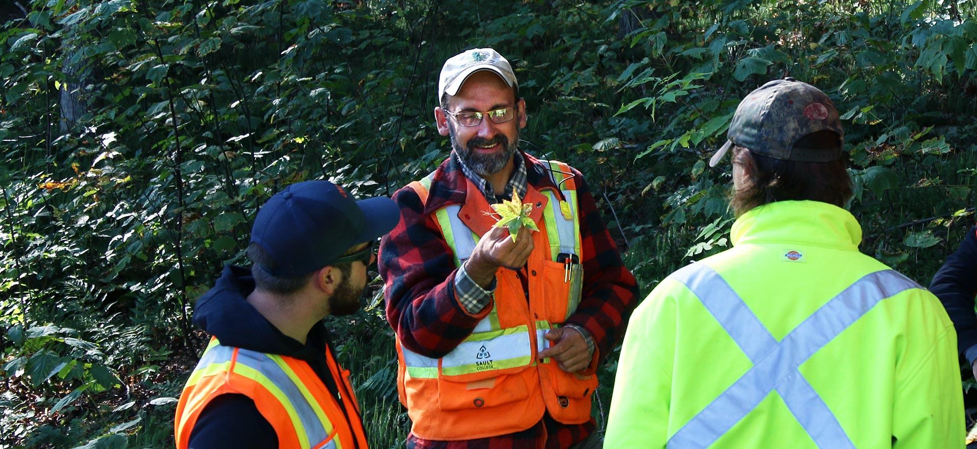 A male Natural Environment Technologist - Conservation and Management instructor smiles while showing his class a plant sample during field camp. 