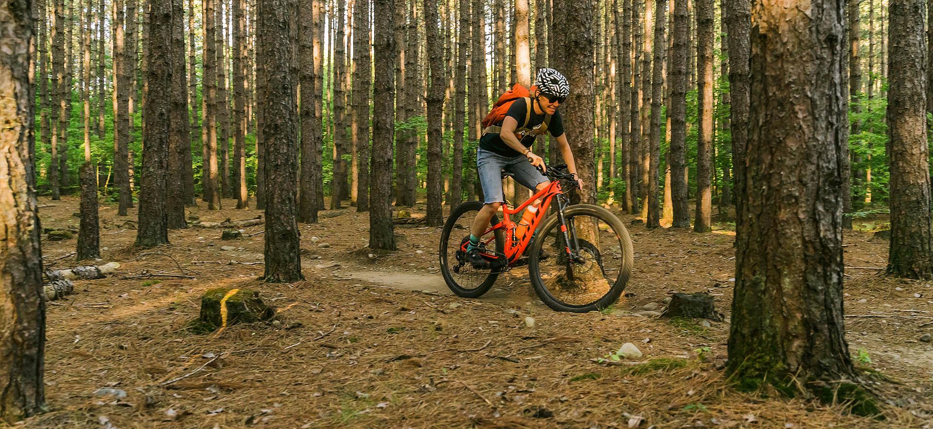 Mountain biker cycling through trail