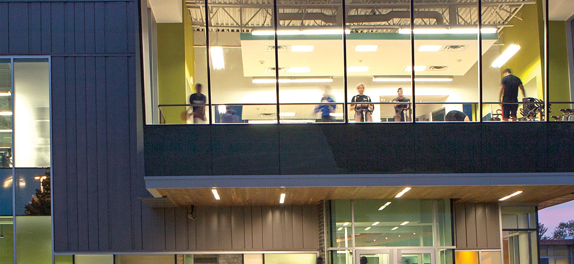 Night time view of the fitness centre.