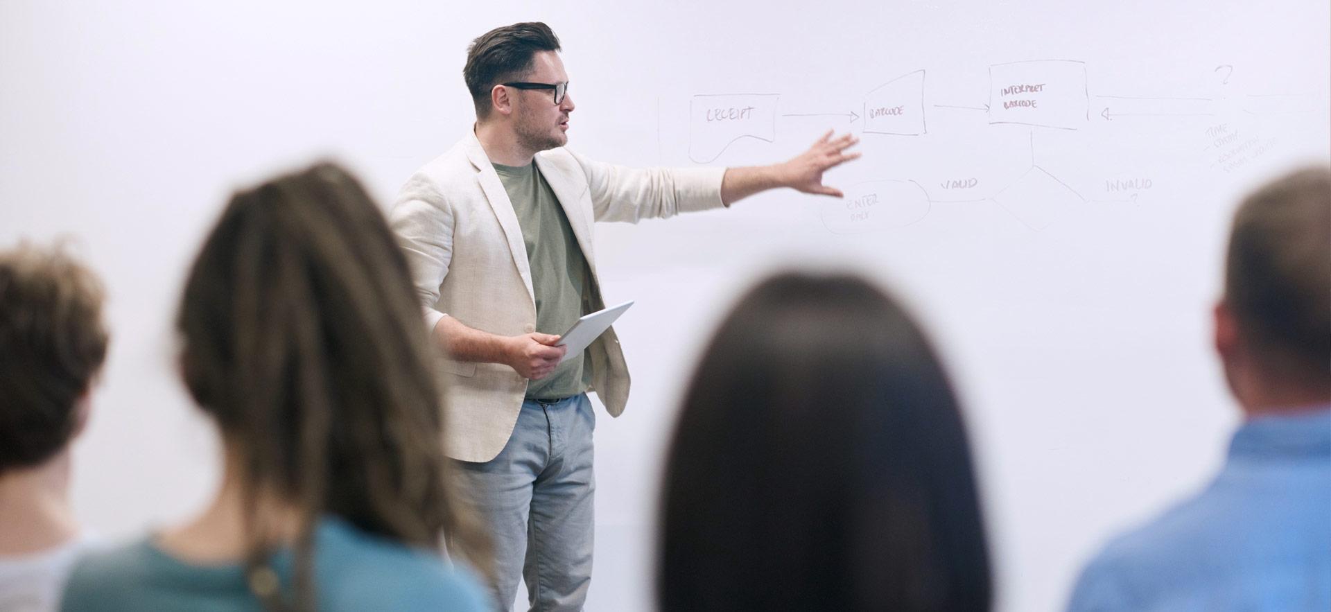 male making presentation at whiteboard for small group of people