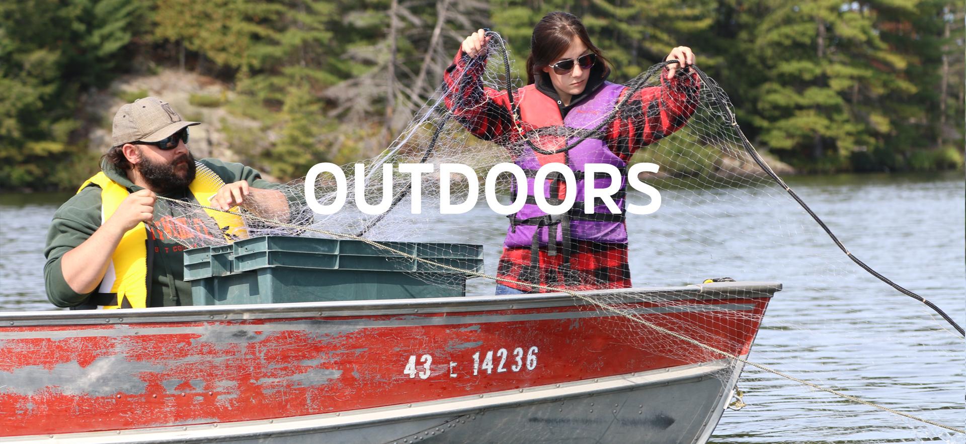 Female student casting fishing net off boat.