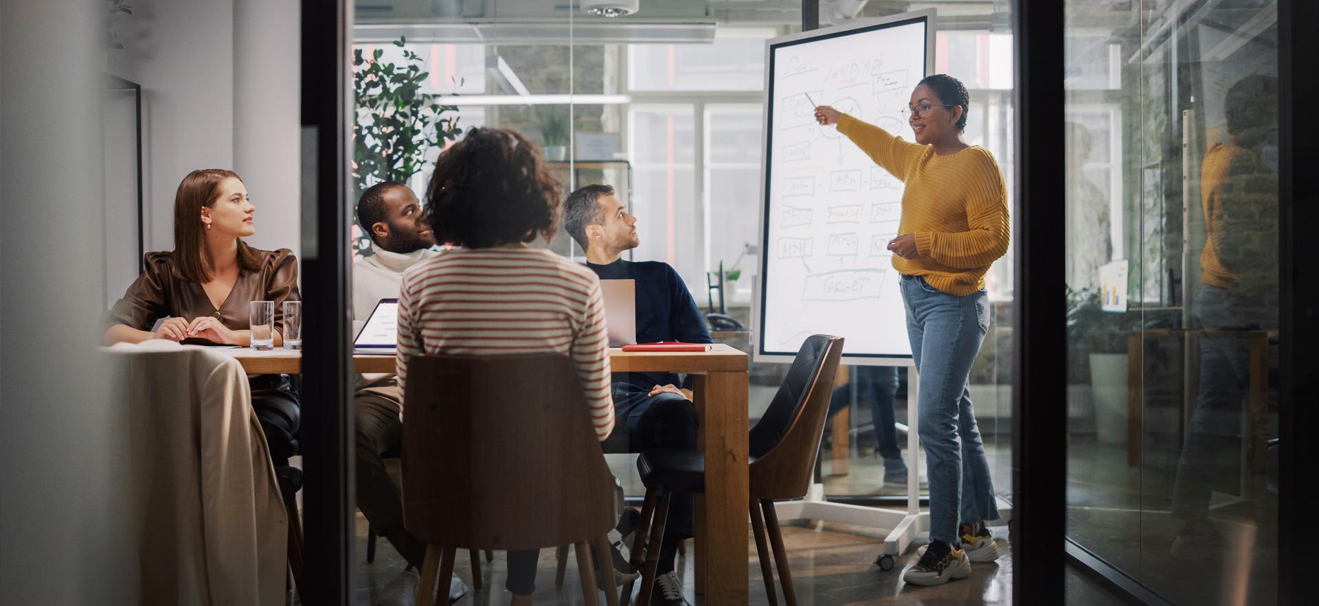 five people in a small meeting room with four sitting at a table watching a woman standing and pointing at a white board presenting information to the group