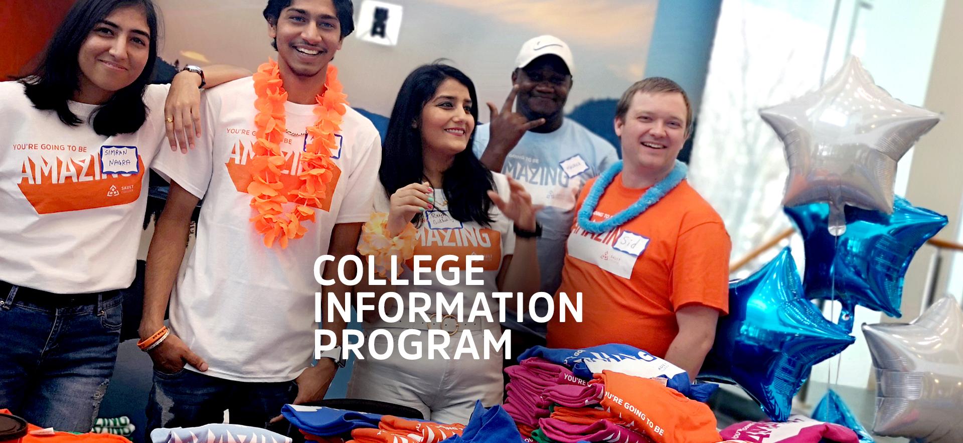 Students gathered together wearing Sault College shirts behind a booth for the College Information Program