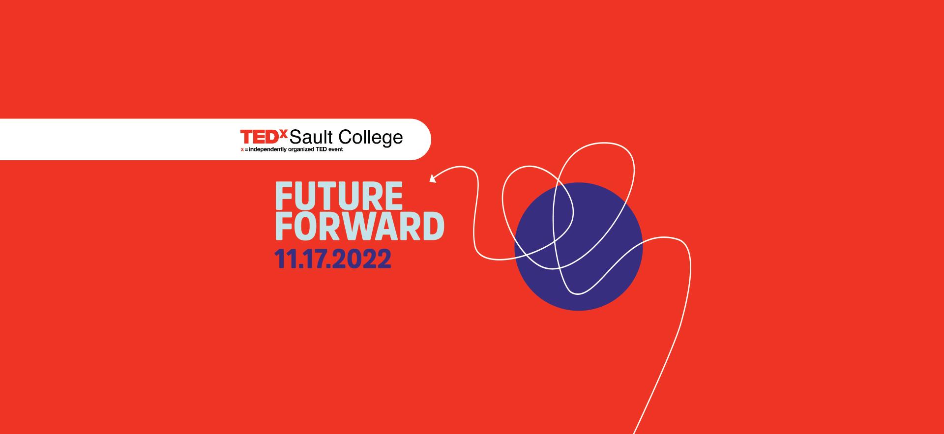 TEDx Sault College event image with design of purple circle and white squiggle pattern and event name and date