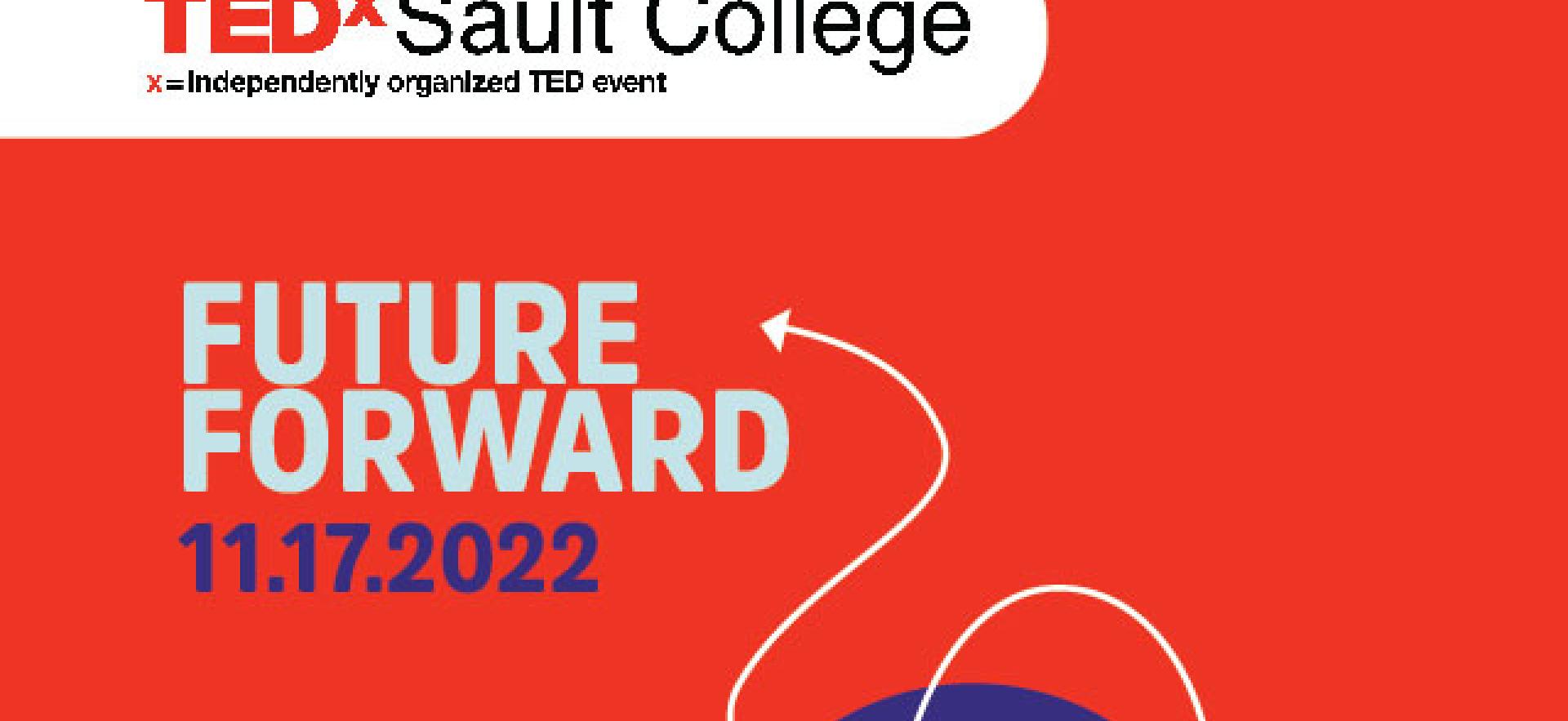 TEDx Sault College event image with design of purple circle and white squiggle pattern and event name and date
