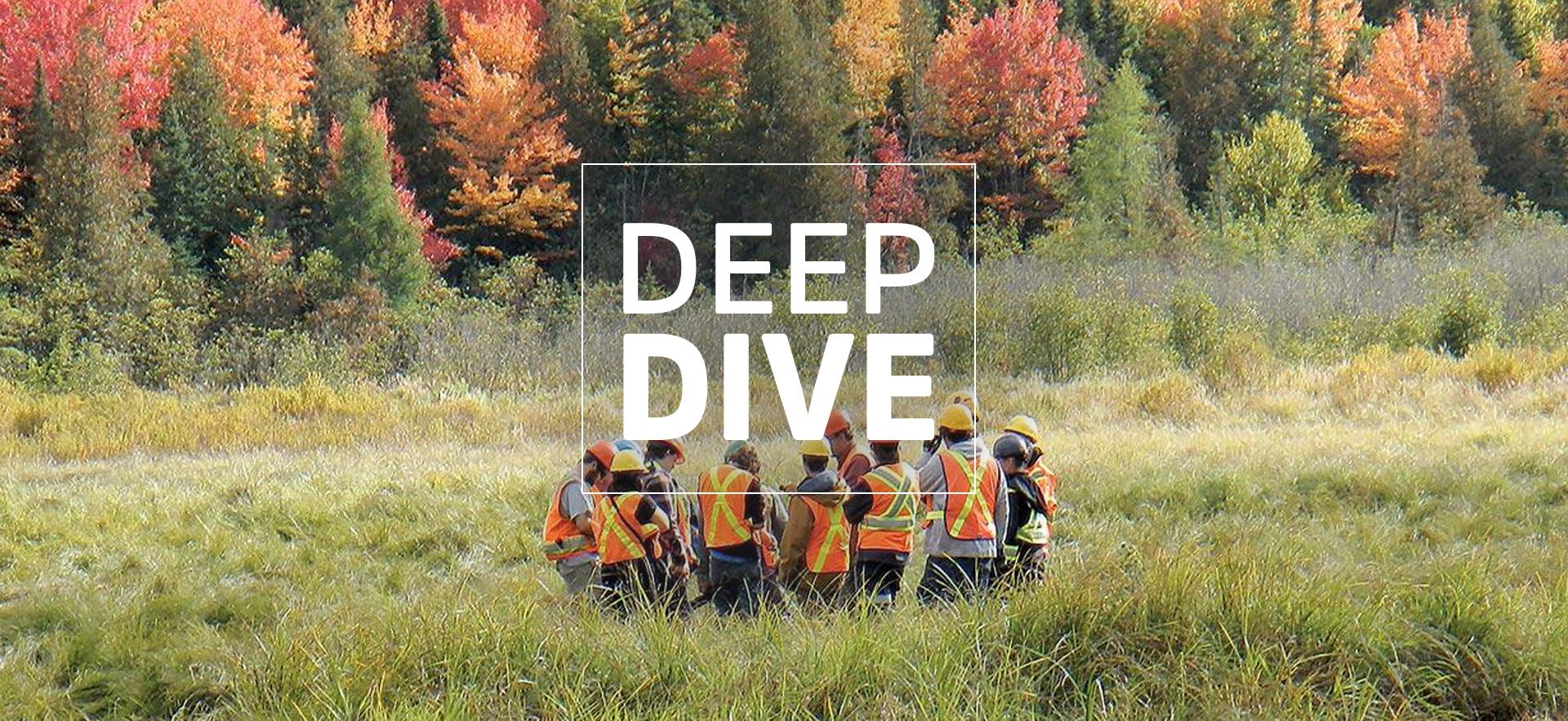 group of students and instructors in a circle wearing safety vests and hard hats standing in the middle of field with trees in background in fall