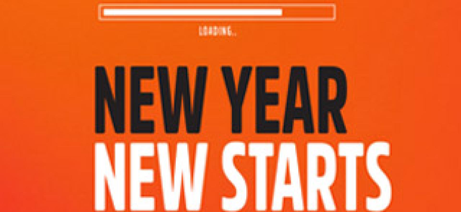 orange background with white text showing 2023 moving into place rotating 2022 out with new year new starts text beside it