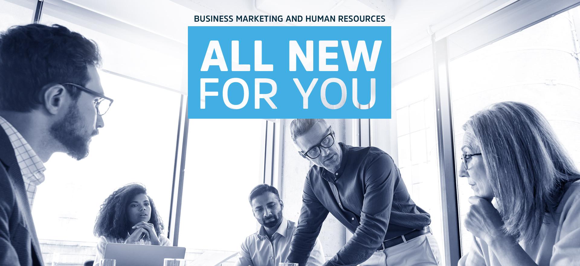 black and white image of people gathered and discussing together at a desk in the corner with large windows surrounding and text overlay saying All new for you business marketing and human resources