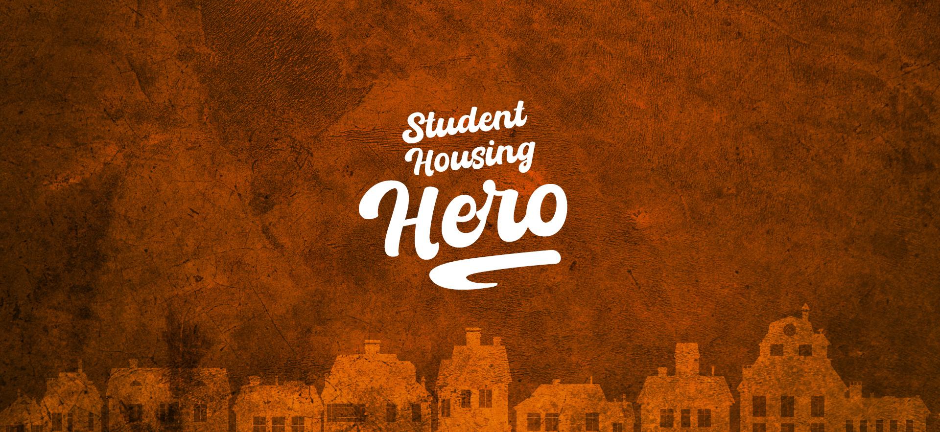 Orange background showing illustrative skyline of buildings with white cursive text Student Housing Hero