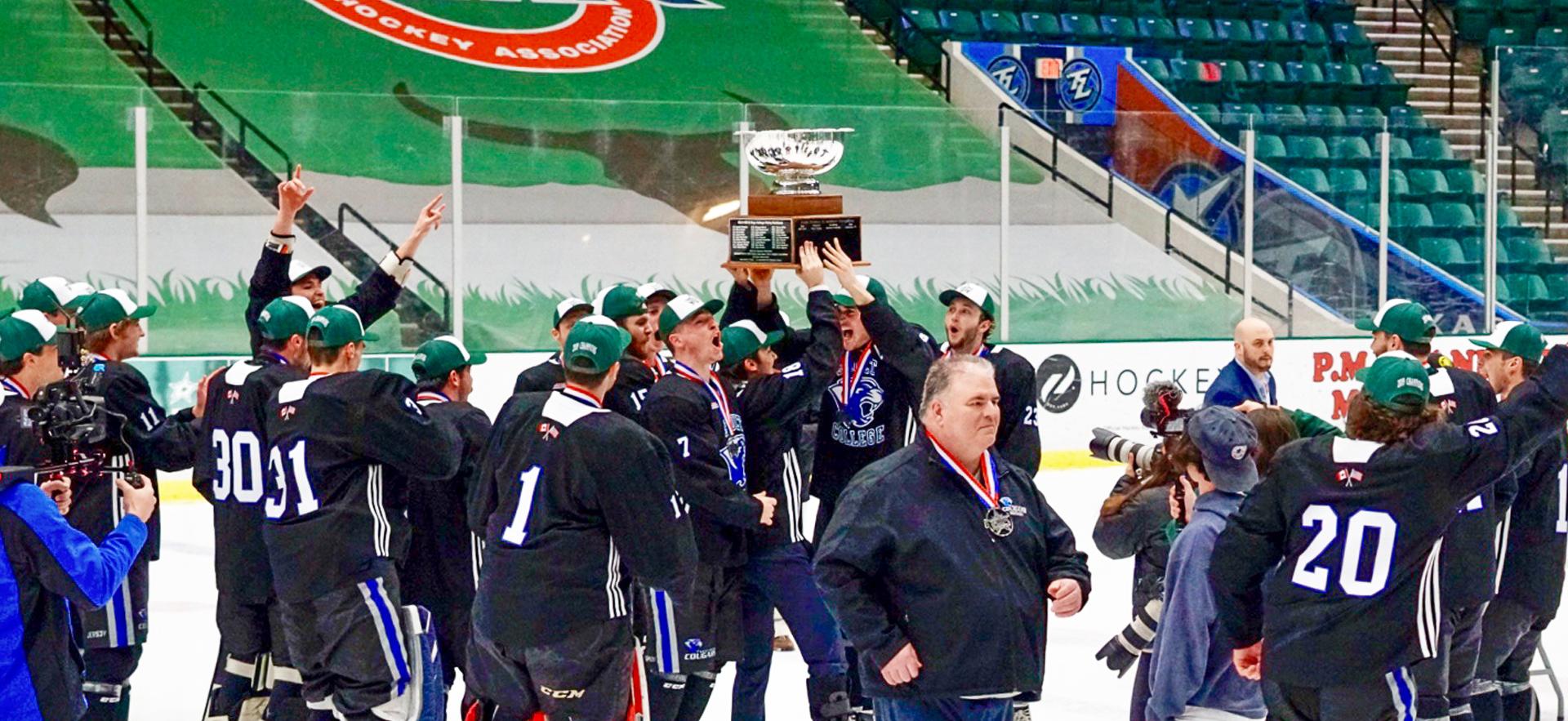 Men's ACHA Hockey Champions celebrating on ice