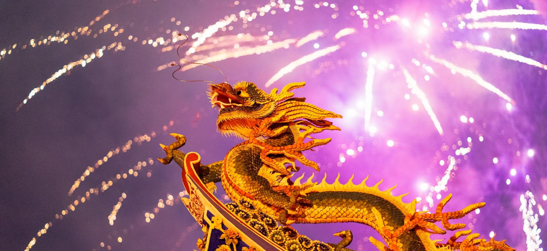 Jess' photo of dragon with fireworks in background from Malaysia