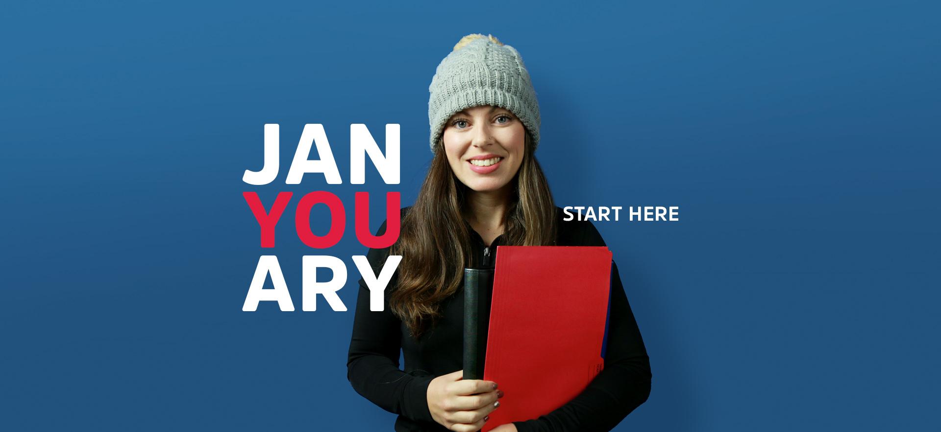 January Starts student holding folder wearing knit tuque with text JANYOUARY Start Here