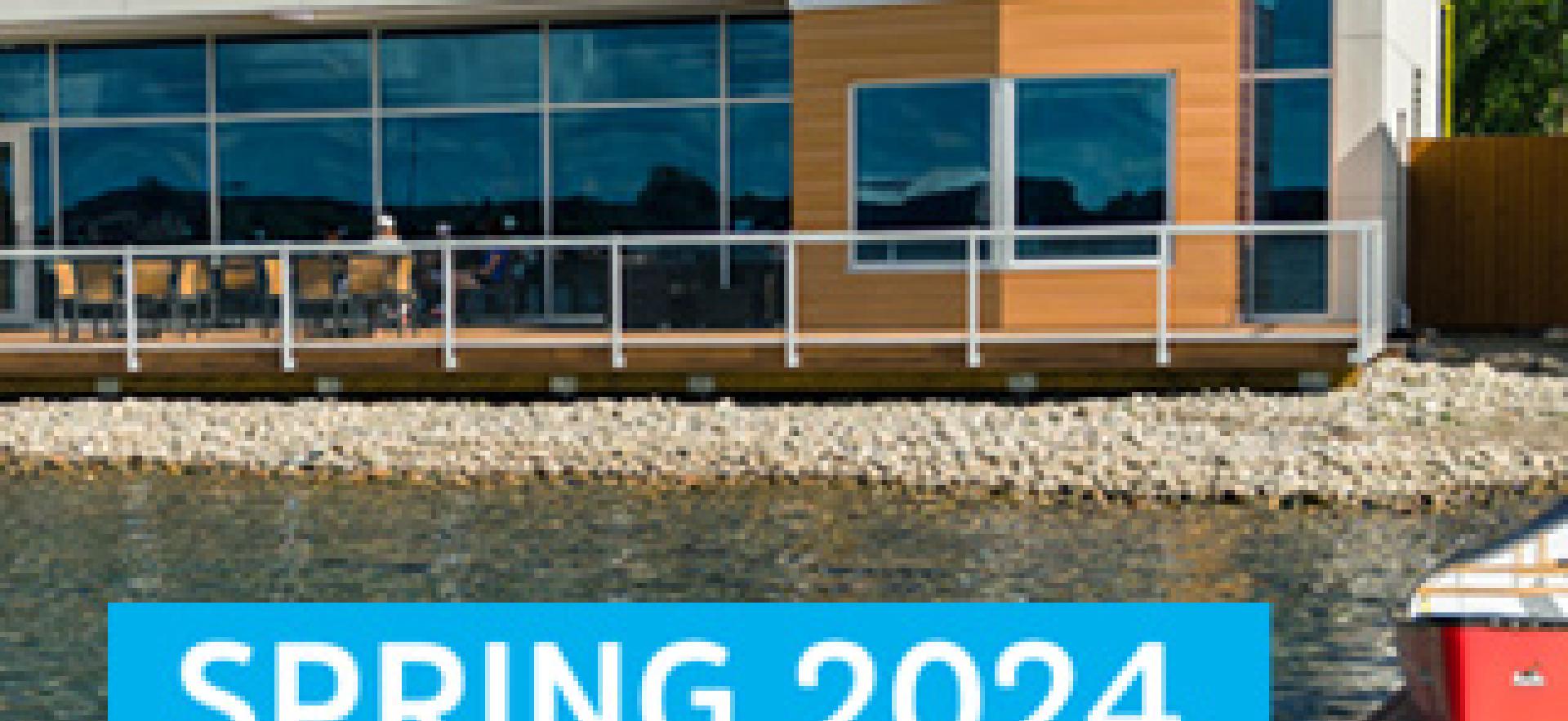 Waterfront Adventure Centre building and dock with canoes photo with Spring 2024 Learning Guide text