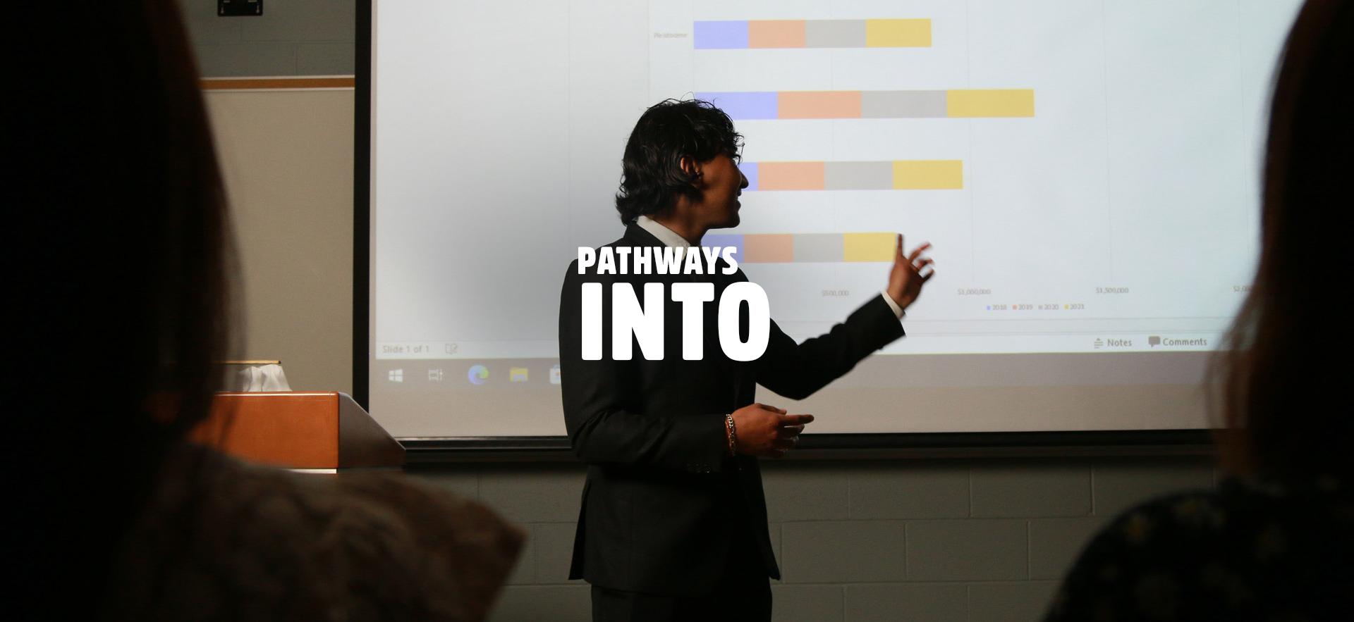 Business student making presentation with slideshow behind him