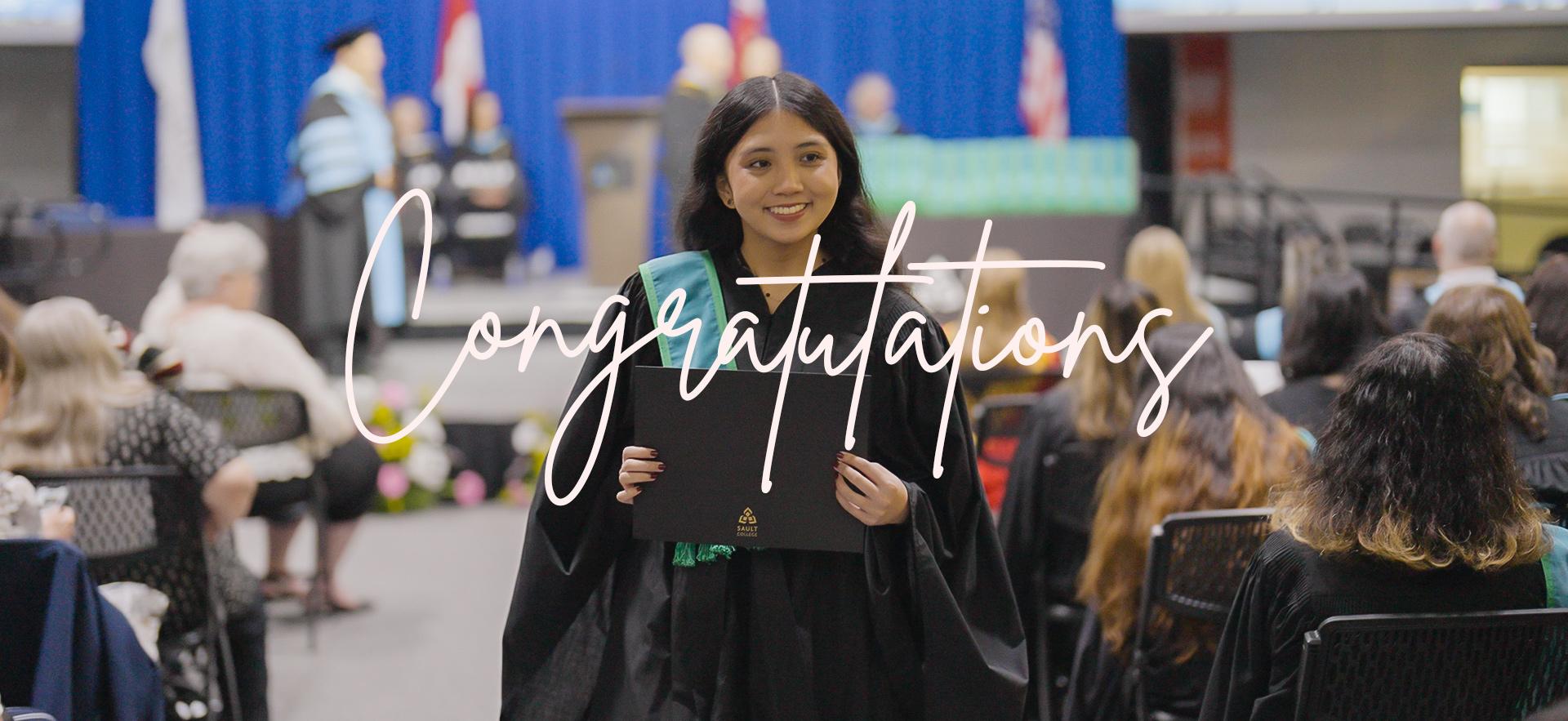 Graduate at Convocation walking with diploma and Congratulations text over screen