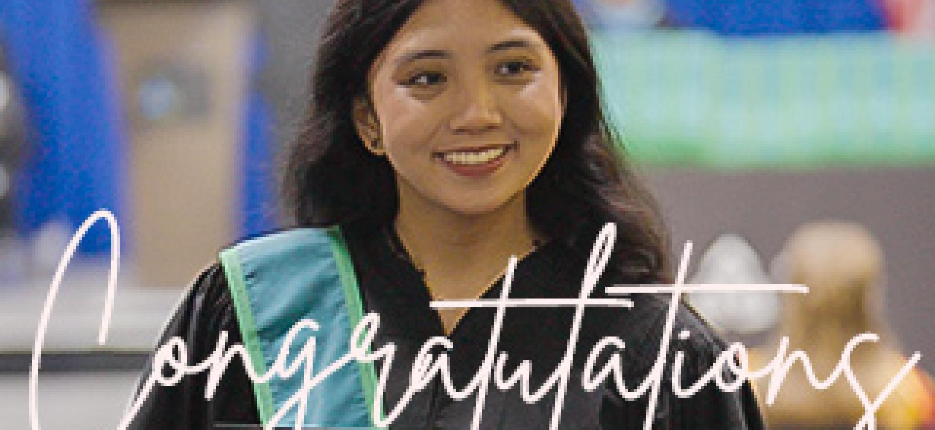 Graduate at Convocation walking with diploma and Congratulations text over screen