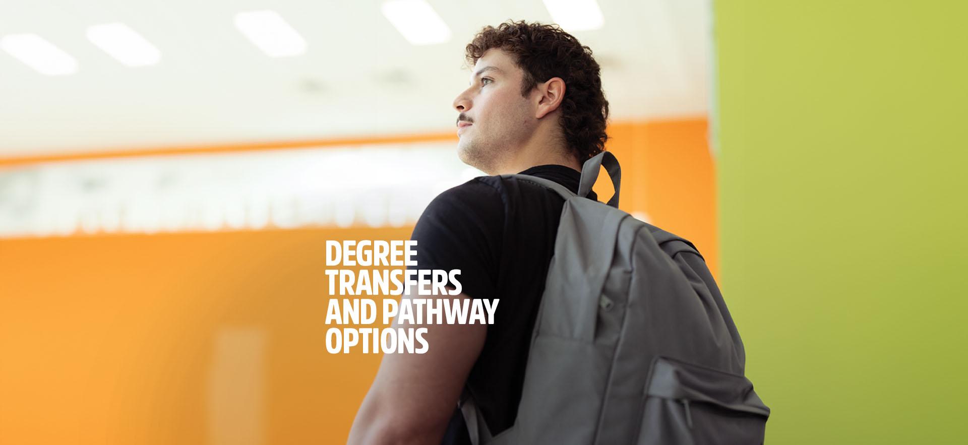 Student with backpack looking up to the side in study hall