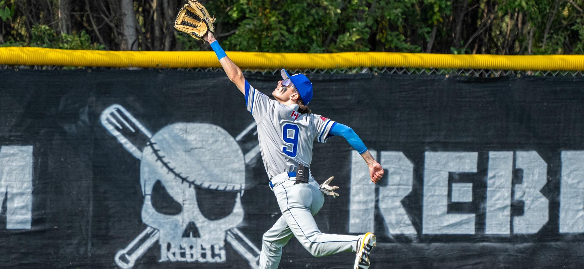 Baseball player reaching to catch a ball in the outfield