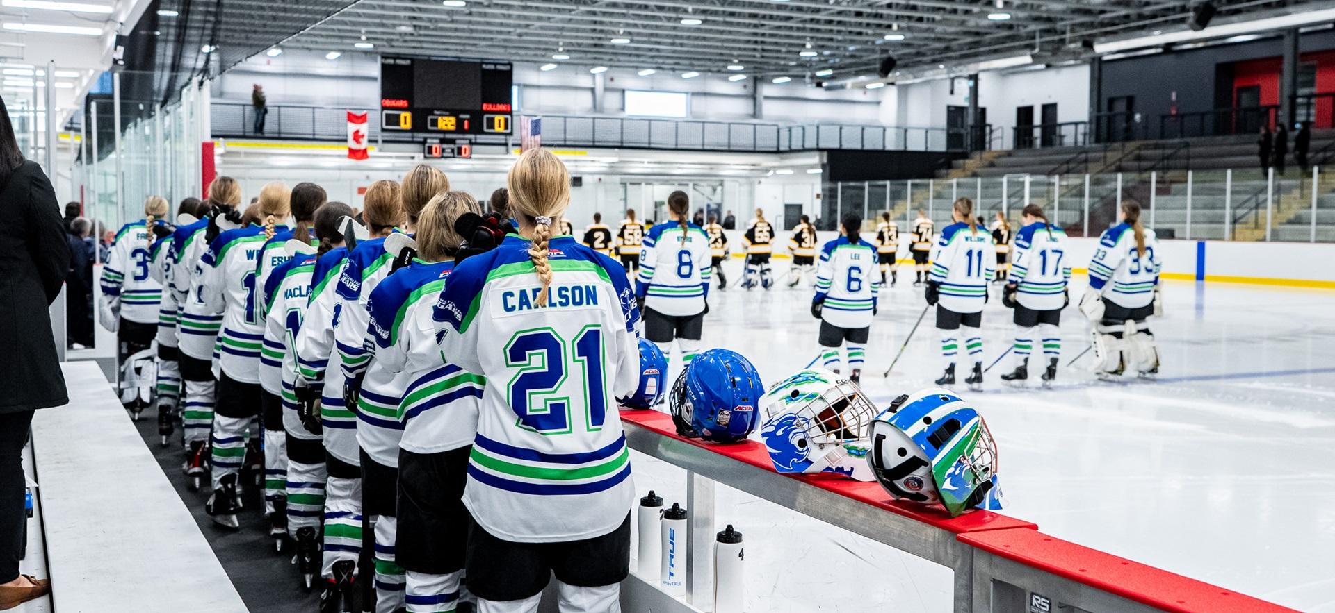 Women's Hockey team standing on and off ice for the national anthem