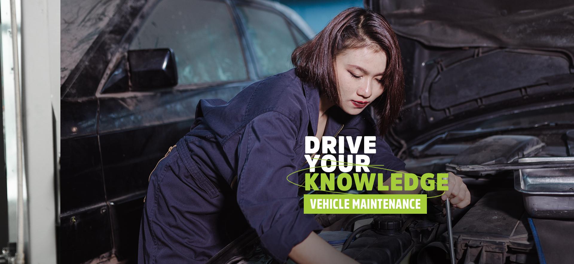 Woman working on car with hood up for drive your knowledge in vehicle maintenance