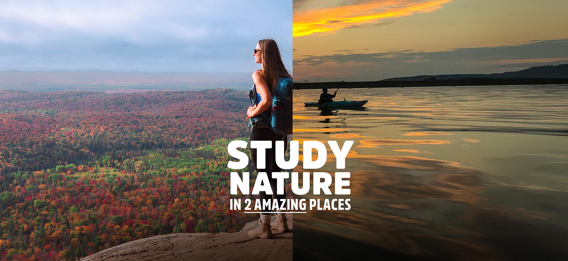 Image with left showing woman on hiking overlook and right is man kayaking