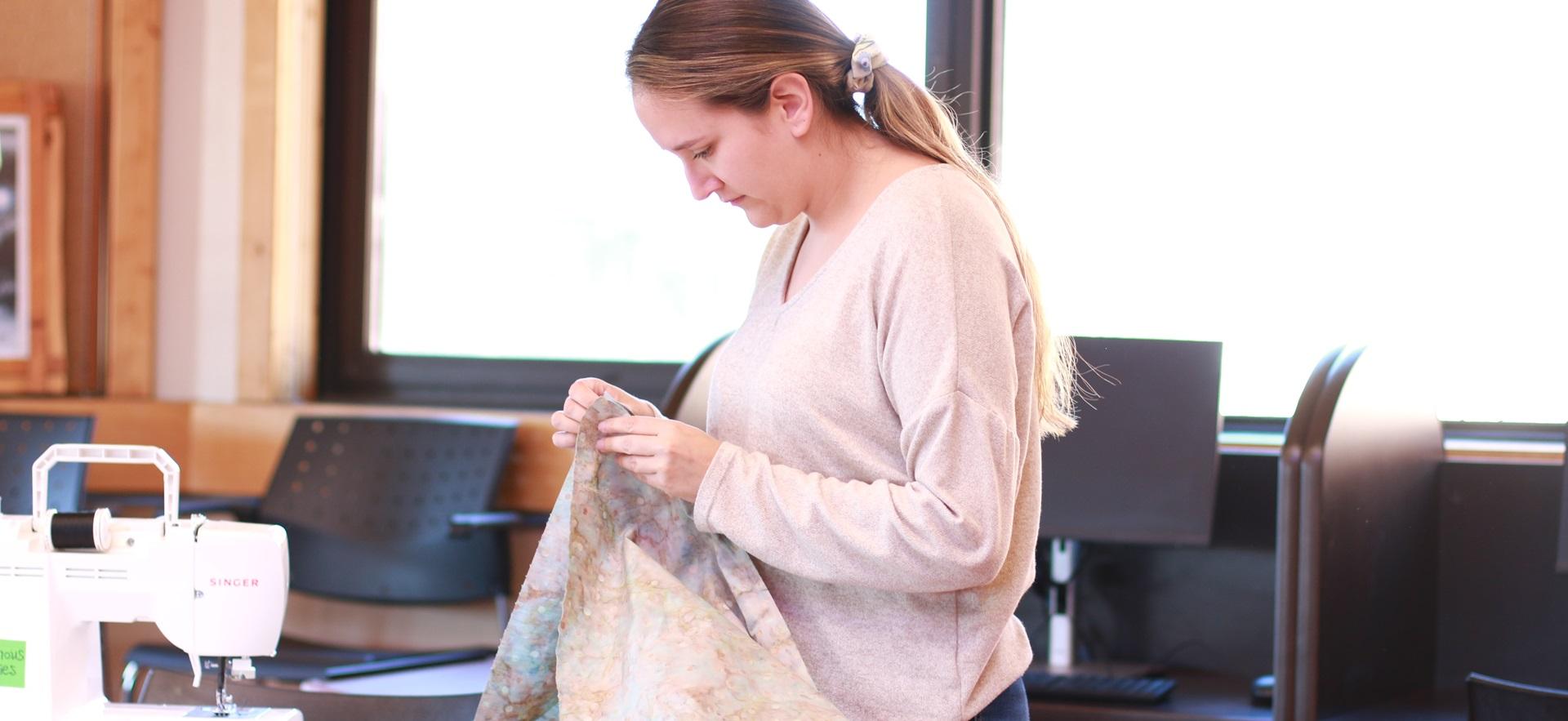 Student in Enji for ribbon skirt workshop