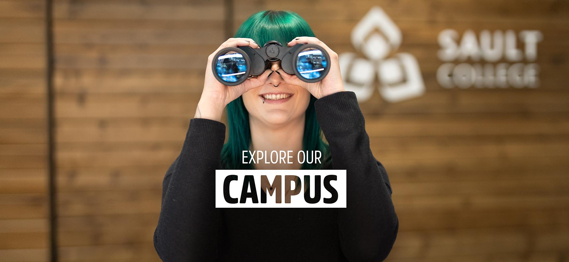 Student recruiter looking through binoculars with text about campus tours