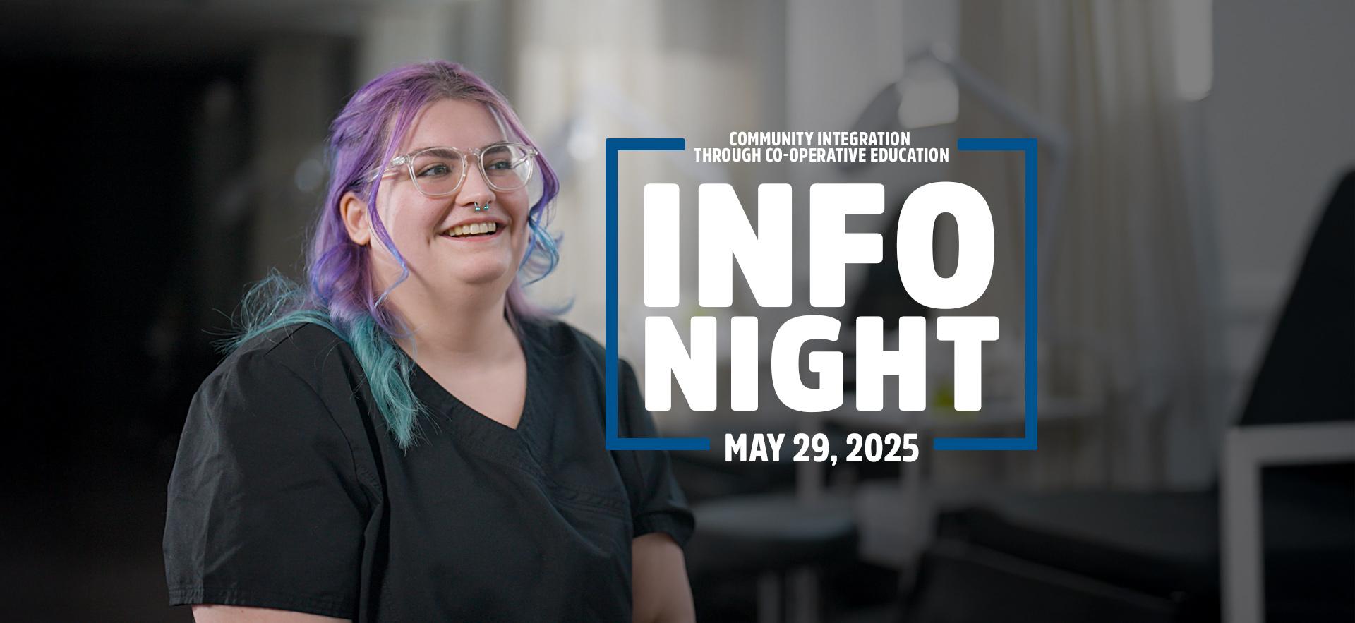CICE student smiling with info night text overlay