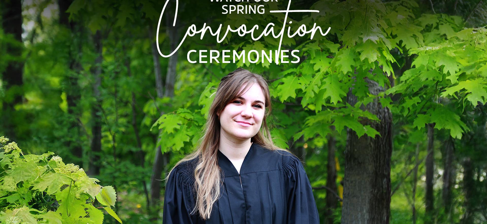 Graduate in gown with trees behind smiling at camera with Congratulations text overlay
