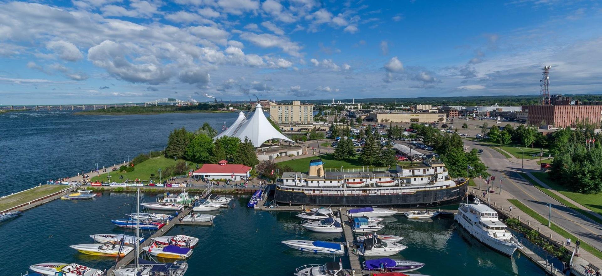 Aerial view of downtown waterfront beside marina looking toward Bondar pavilion