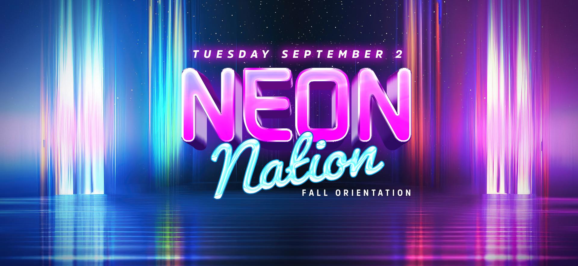 Neon Nation Orientation banner image with bright neon colours and letters